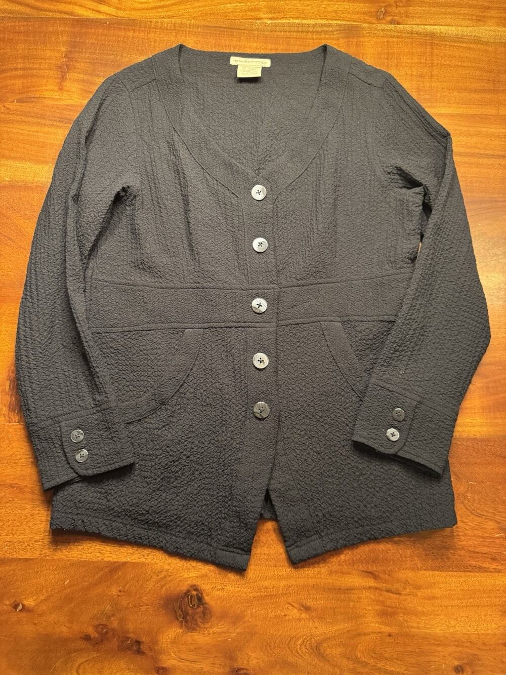 Exofficio Women’s Black Button Up Crinkle Texture Outdoors Sweater Sz Small